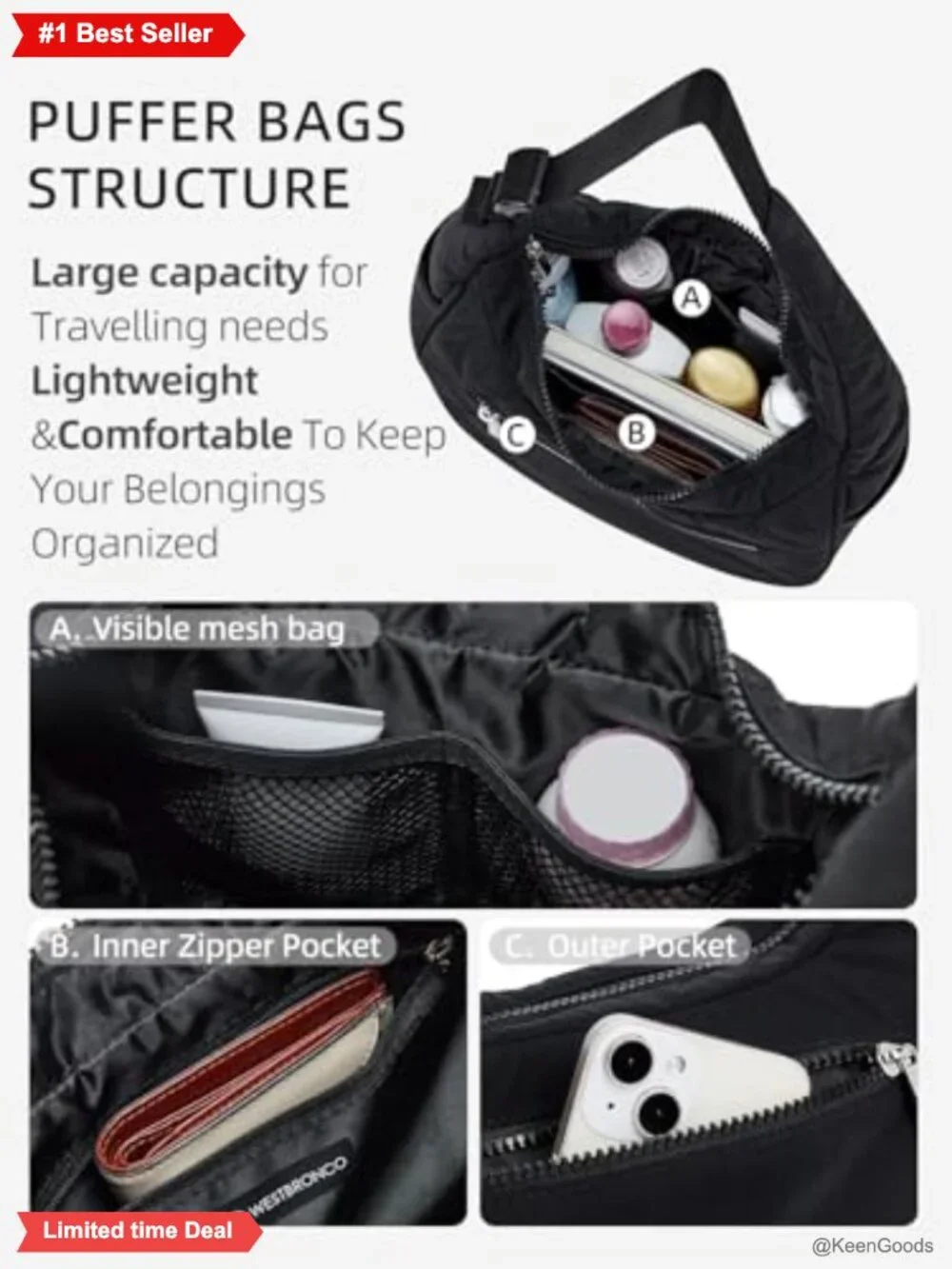 Small Puffer Crescent Bag Nylon Shoulder Bag Quilted Puffy Purse